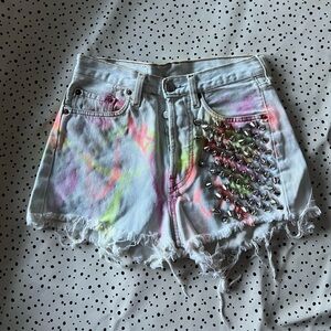 Vintage Levi high waisted distressed denim studs tie dye one of a kind festival